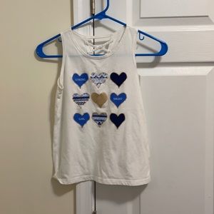 Back crossed tank white w/ blue and gold hearts